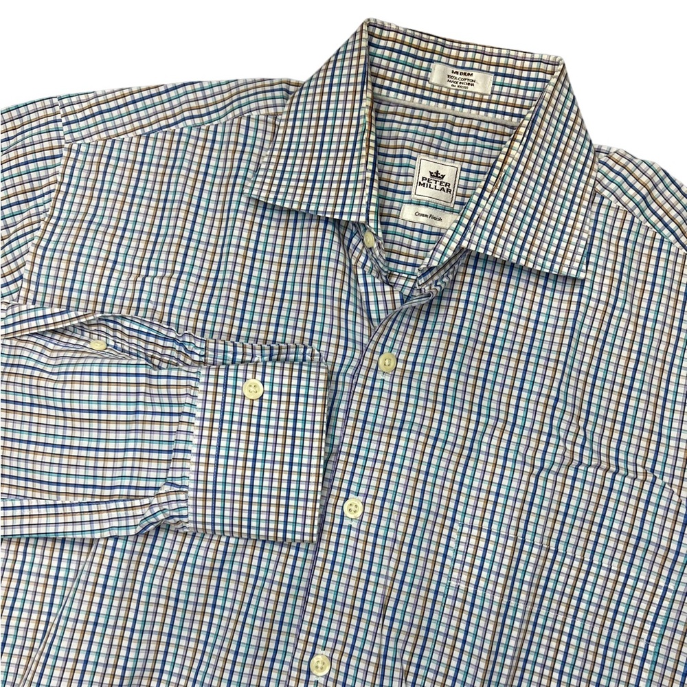 Peter Millar Crown Finish Shirt Blue Gingham Button Up Mens Size M